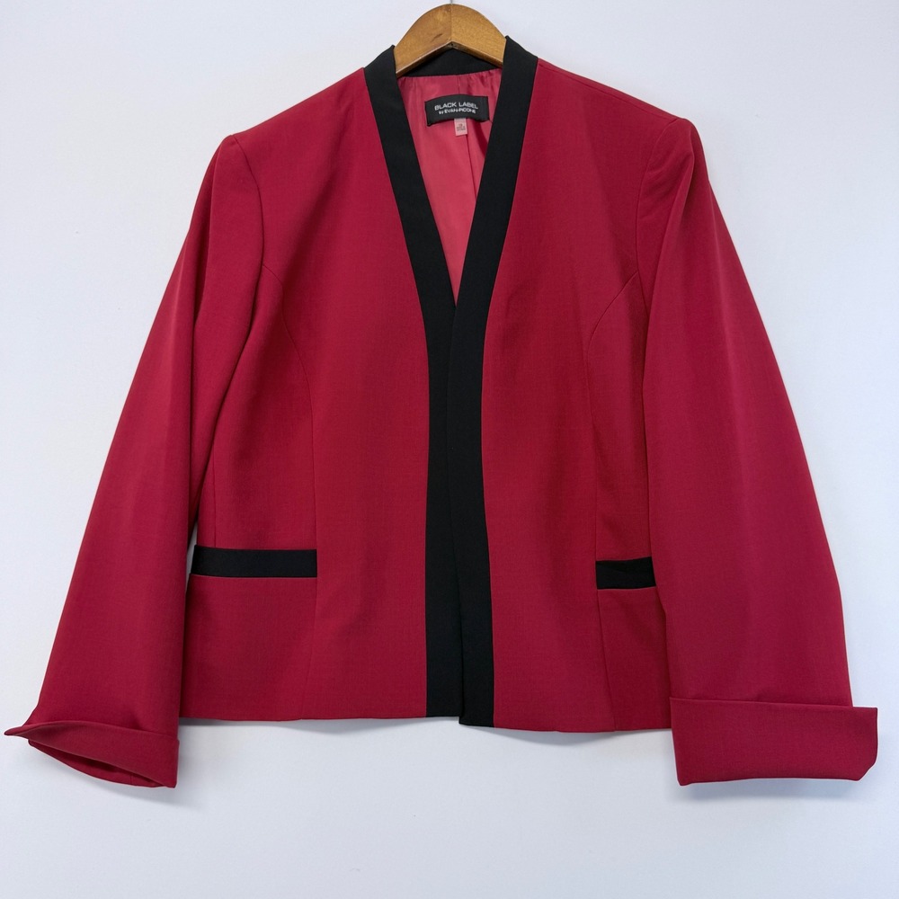 Black Label by Evan-Picone Red Open Front Blazer Black Trim Size 16 Professional